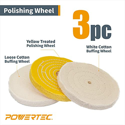 POWERTEC 71631 6 Inch Bench Grinder Buffing Wheel Kit w/ 3pcs Polishing Compound Set Including Black, White, Green Bars and Treated Yellow (40 Ply)