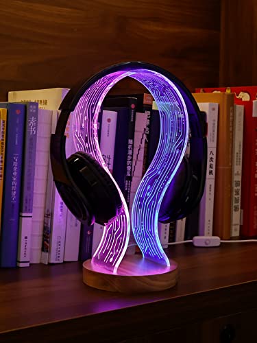 YuanDian Headphone Stand, Walnut Wood Headset Holder with Blue Pink LED Night Light for Gamers, Men, and Music Lovers - Perfect Desk Gift Idea - WoodArtSupply