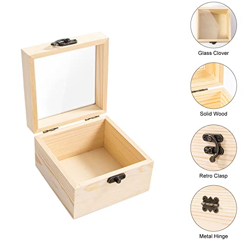 Useekoo 2Pcs Small Wooden Box with Hinged Lid, 4.7'' x 4.7'' x 3.1'' Unfinished Wood Box with Glass Lid, Small Wooden Jewelry Box for Gift, Home - WoodArtSupply