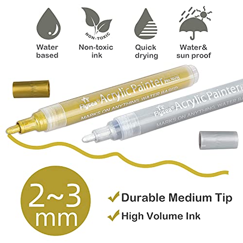 VHEONET Acrylic Paint Pens, 12 Pack (3 Black 3 White 3 Gold 3 Silver) 3mm Permanent Painting Markers DIY Craft for Rock Ceramic Glass Wood Plastic VHEONET