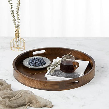 KINGCRAFT 20 x 20 inches Large Round Ottoman Table Tray Wooden Solid Serving Tray with Handle Black Walnut Circle Platter Decorative Tray for - WoodArtSupply