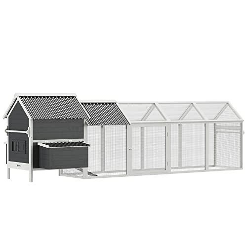 PawHut 162" Large Chicken Coop Wooden for 6-8 Chickens with Handles, Outdoor Chicken Cage Hen House with 2 Nesting Boxes, Water-Resistant Roof, - WoodArtSupply