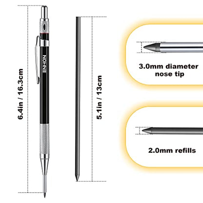 Enhon 2 MM Carpenter Pencils Set with 12 Marker Refills and Sharpener, Mechanical Carpenter Pencil Woodworking Marking Tool Solid Deep Hole - WoodArtSupply