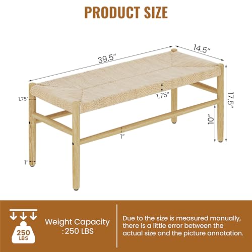 Recaceik Indoor Entryway Bench with Paper Cord Ottoman, Mid-Century Long Bench with Rubber Wood Legs, French Vanity End Bed Bench for Bedroom Living Recaceik