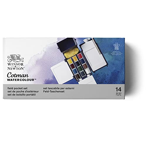 Winsor & Newton Cotman Watercolor Paint Set, Field Pocket Set, 12 Half Pan w/ Brush, Sponge, Bottle - WoodArtSupply