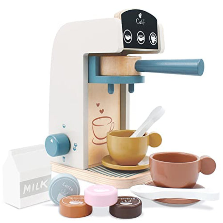 PairPear Kids Wooden Toys Coffee Maker Toy Espresso Machine Playset - Toddler Play Kitchen Accessories Gift for Girls and Boys PairPear
