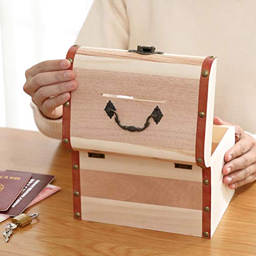 NUOBESTY Wood Treasure Chest Money Saving Jar Chest Piggy Bank Money Safe for Cash Saving Wooden Jewelry Organiser Vintage Luggage Wooden Bank NUOBESTY