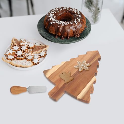 Amosfun Christmas Tree Charcuterie Board Wood Cutting Board Food Serving Tray Cheese Bread Pizza Snack Plate with Cutter for Vegetables Fruit Bread Amosfun