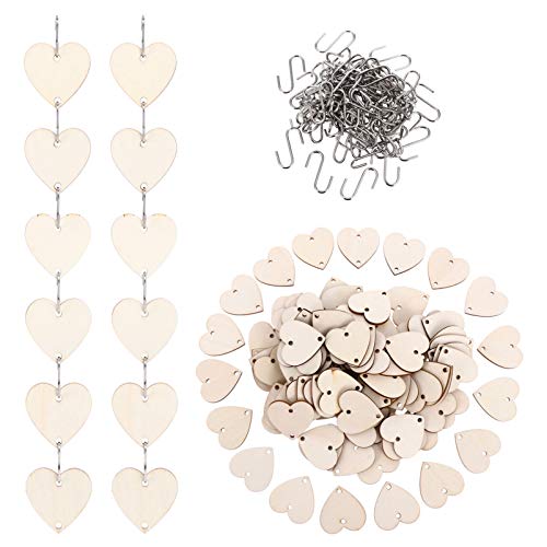 NUOBESTY 100pcs Wooden Tags with Holes Heart Shaped and 100pcs Iron Loops for Birthday Reminder Wooden Wall Hanging Plaque Board DIY Calendar