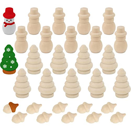 Luckforest 30Pcs Unfinished Wooden Set, Snowman Dolls Craft Christmas Tree Acorns Blank DIY Wooden Natural Wooden Xmas Tree for Crafts Arts Drawing Luckforest