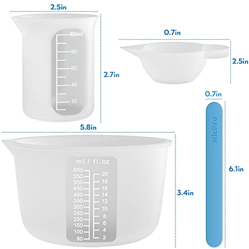Large Silicone Resin Measuring Cups Tool Kit - Nicpro Reusable 600ml & 100ml Measure Cup, Silicone Stir Sticks Pipettes Finger Cots for Epoxy Resin Nicpro