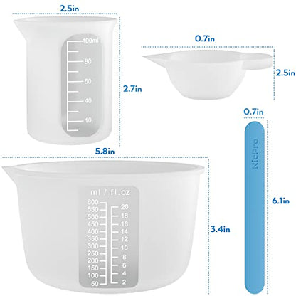 Large Silicone Resin Measuring Cups Tool Kit - Nicpro Reusable 600ml & 100ml Measure Cup, Silicone Stir Sticks Pipettes Finger Cots for Epoxy Resin