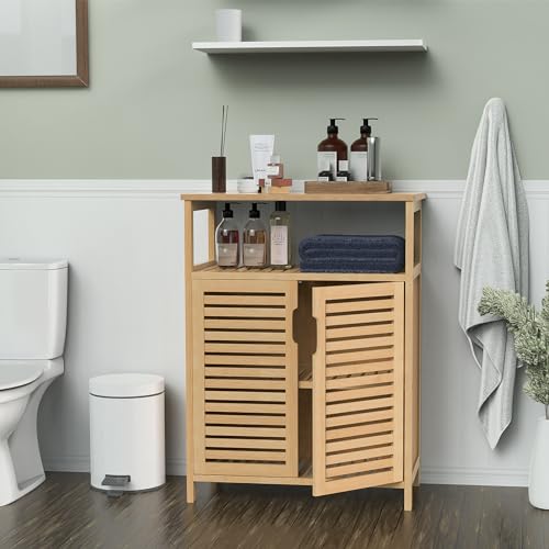 Purbambo Bamboo Storage Cabinet, Freestanding Bathroom Cabinet with 2 Louvered Doors, Floor Cabinet Organizer for Living Room, Kitchen, Entryway