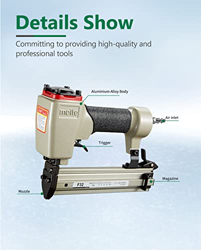 meite F32 Brad Nailer 18 Gauge 3/8" to 1-1/4" Pneumatic Tool for Woodworking Projects meite