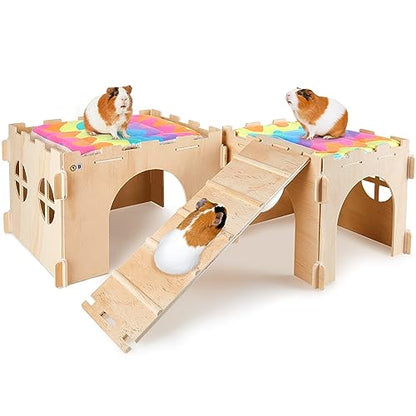 Guinea Pig Hideout, Guinea Pig House with Stairs and Mats Extra Large Guinea Pig Castle Detachable Hideouts for Small Animals Wooden Guinea Pig - WoodArtSupply