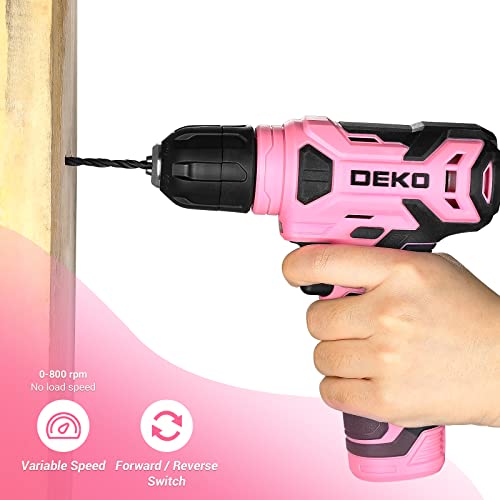 DEKO 8V Cordless Drill, Drill Set with 3/8"Keyless Chuck, 42pcs Acessories, Built-in LED, Type-C Charge Cable, Pink Power Drill for Drilling and DEKOPRO