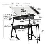 SD STUDIO DESIGNS Core 2 Pc Craft Center-35.5" W Angle Adjustable Cloth Drawers, Side Shelf and Stool Drafting Table, Gunmetal Gray/White SD STUDIO DESIGNS