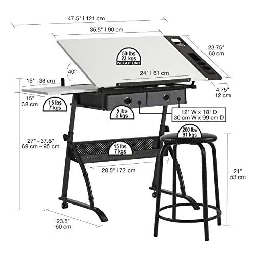 SD STUDIO DESIGNS Core 2 Pc Craft Center-35.5" W Angle Adjustable Cloth Drawers, Side Shelf and Stool Drafting Table, Gunmetal Gray/White - WoodArtSupply