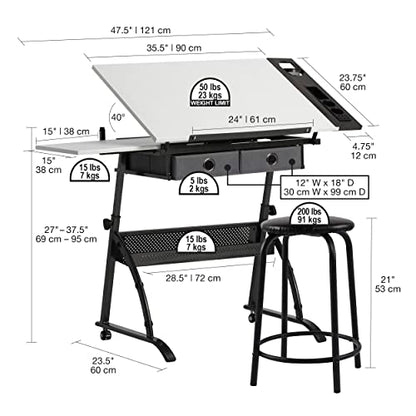 SD STUDIO DESIGNS Core 2 Pc Craft Center-35.5" W Angle Adjustable Cloth Drawers, Side Shelf and Stool Drafting Table, Gunmetal Gray/White - WoodArtSupply