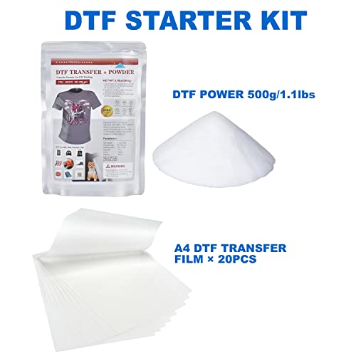 DTF Transfer Powder Film for Sublimation：500g/17.6oz White Digital Transfer Hot Melt Adhesive - 20pcs DTF Transfer Paper for All DTF and DTG Printers FANXIN