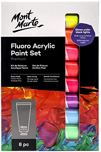 Mont Marte Fluoro Acrylic Paint Set, 8 x 1.02oz (36ml) Tubes, 8 Colors, Suitable for Most Surfaces Including Canvas, Card, Paper and Wood MONT MARTE