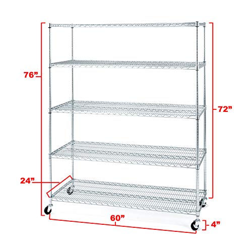 Seville Classics UltraDurable Heavy Duty NSF Solid Steel Wire Rack Storage Unit Wheels, 5-Tier Shelving, 60" W x 24" D Seville Classics