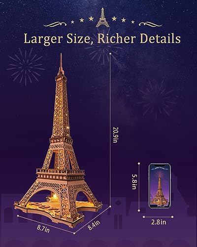 Rolife Large Eiffel Tower Set-LED Model Building Kit-3D Wooden Puzzles for Adults-Paris Architecture Set-Home Decor Gift for Women Men - WoodArtSupply