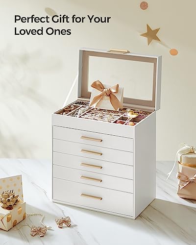 SONGMICS Jewelry Box with Glass Lid, 6-Layer Jewelry Organizer, 5 Drawers, for Sunglasses, Big Jewelry, Jewelry Storage, Modern Style, Cloud White SONGMICS