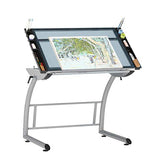 SD STUDIO DESIGNS Triflex Drawing Table, Sit to Stand Up Adjustable Office Home Computer Desk, 35.25" W X 23.5" D, Silver/Blue Glass SD STUDIO DESIGNS