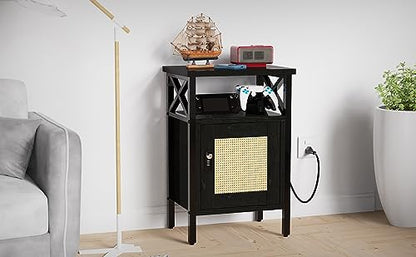 runjuly Rattan Nightstand with Lock, End Table with Charging Station, Side Table with Door and Open Shelf, Modern Wooden Bedside Table for Bedroom, - WoodArtSupply