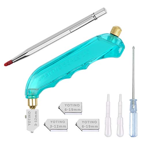 YOTINO Glass Cutting Tool Kit Includes Blue Pistol Grip Oil Feed Glass Cutter with 3 Extra Replacement Head(3mm-12mm, 6mm-19 mm) Tungsten Scribe - WoodArtSupply