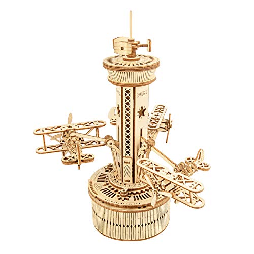 ROKR Airplane Control Tower 3D Wooden Puzzle Music Box - DIY Mechanical Model Kit for Adults and Kids - WoodArtSupply