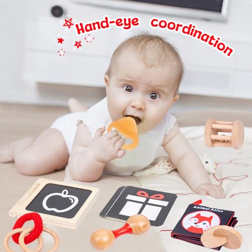 Montessori Play Kit for 0-6 Month Baby Tummy Time Interactive Toys Baby Brain Development Toys Rattle Montessori Toy Interlocking Rings Black, White - WoodArtSupply