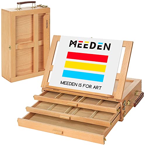 MEEDEN Large Adjustable Artist Tabletop Sketchbox Easel- Multi-Function Solid Beech Wood Storage Box Easel with 3-Drawer for Artist, Art Students & MEEDEN