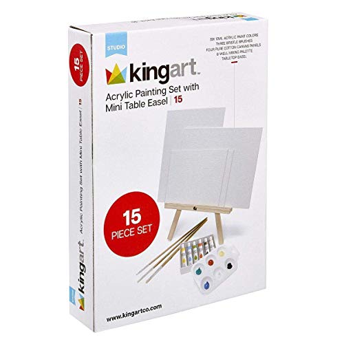 KINGART Artist Painting Set with 6 Vivid Acrylic Paint Colors, 12" Easel, 4 Canvas Panels, 3 Brushes, Painting Palette - School, Students, Beginners KINGART