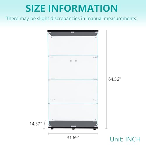 Dolonm Glass Display Cabinet 4 Shelves with 2 Doors, 5mm Tempered Glass Curio Cabinet, Floor Standing Curio Bookshelf, Glass Display Case for Living Dolonm