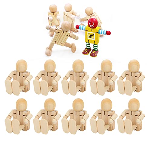 Natudeco 10PCS Toy People Set Unfinished Wood Toys Wooden Craft People Figures Unfinished Wooden Figures Kit Joint Adjustables Robot Paintable Natudeco