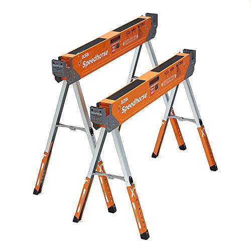 Bora Portamate Speedhorse XT Sawhorse Pair- Two pack, 30-36 inch height adjustable Legs, Metal Top for 2x4, Heavy Duty Pro Bench Saw Horse for - WoodArtSupply