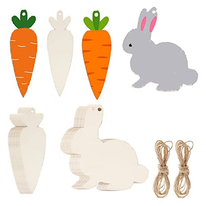 24 Pieces Wooden Bunny Cutout Wooden Carrot Ornaments Unfinished Wood Cutouts Blank Wood Hanging Embellishments DIY Crafts Gift Tags with Hole Hemp