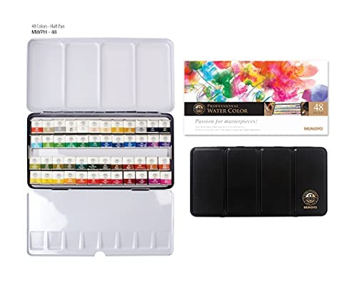 Mungyo Professional Half Pan Size Water Colors Set in Tin Case/Integral Mixing Palette in The lid (48 Colors) - WoodArtSupply