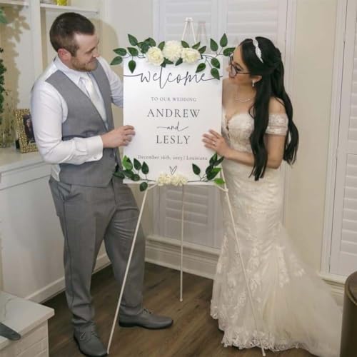 White Easel Stand for Display Wedding Sign & Poster - 63 Inches Tall Easels for Display Holder - Collapsable Portable Poster Easel - Floor Adjustable - WoodArtSupply