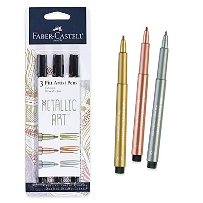 Faber-Castell Metallic PITT Artist Pens - 3 Colored Metallic Colors - Smooth Bullet Nibs (Classic Metallic)