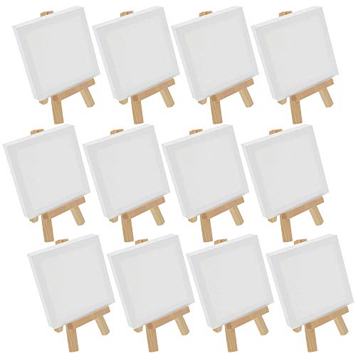 U.S. Art Supply 3" x 3" Stretched Canvas with 5" Mini Natural Wood Display Easel Kit (Pack of 12), Artist Tripod Tabletop Holder Stand - Painting