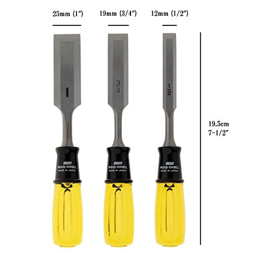 KAKURI Wood Chisel Set Heavy Duty 3 Piece for Woodworking (1/2", 3/4", 1") Made in JAPAN, Razor Sharp Japanese High Carbon Vanadium Steel Blade KAKURI