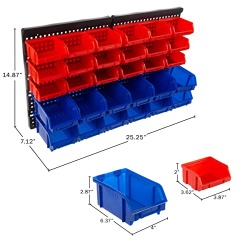 Wall-Mounted Garage Storage Bins - 30 Compartments for Garage Organization, Craft Supply Storage, Tool Box Organizer Unit by Stalwart (Red/Blue) Stalwart