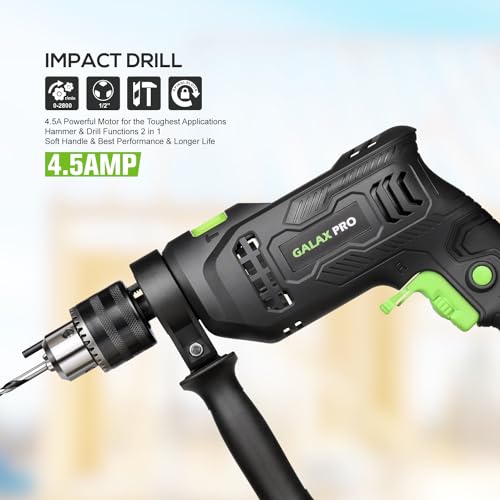 GALAX PRO Hammer Drill, 4.5A Corded Drill Impact Drill 0-3000RPM Electric Drill with 5 Drill Bit Set, Hammer and Drill Functions, 360°Rotating Handle GALAX PRO