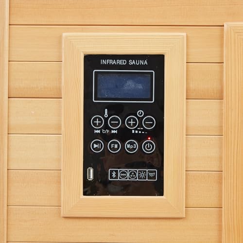 2 Person Sauna, Low EMF 6 Heating Plate Infrared Physical Therapy Wooden Dry Steam Sauna with MP3 Auxiliary Connection, Dual Controls, Iron Shirt