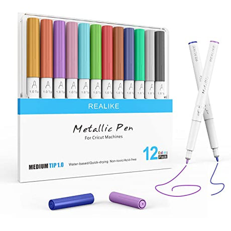 REALIKE Metallic Pens for Cricut Maker 3/Maker/Explore 3/Air 2/Air, Multicolor Marker Pens Set of 12 Pack Drawing Coloring Pens Compatible with REALIKE