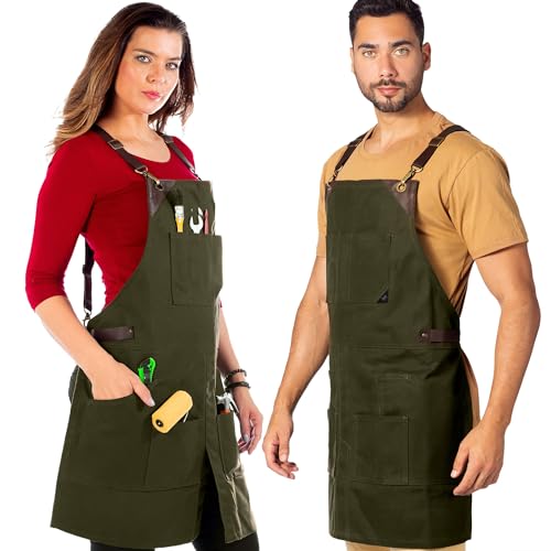 Under NY Sky Cargo Green Apron – Cross-Back with Leather Straps, Heavy-Duty Waxed Canvas and Split-Leg – Adjustable for Men and Women – Pro Under NY Sky