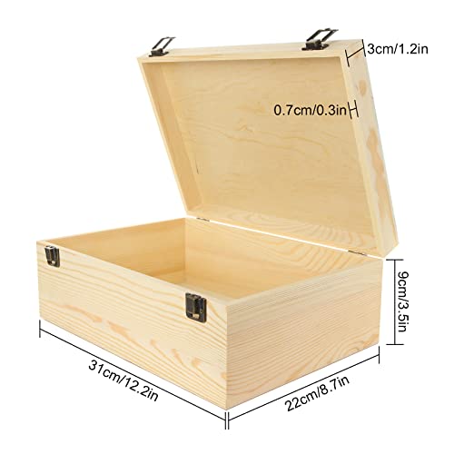 DAJAVE Unfinished Wooden Box, Large Wooden Box with Hinged Lid and Front Clasp, Pine Wood Box DIY Craft Stash Boxes for Arts Hobbies and Home